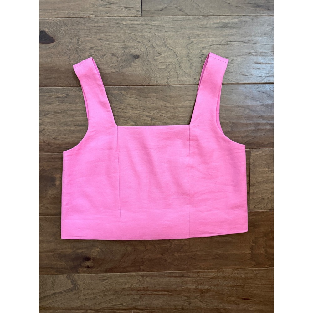 Elie Tahari Crop Top Womens M Pink Linen Solid Square Neck Button Back Slim